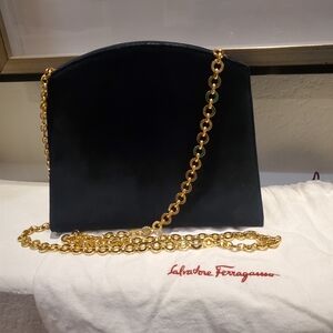Salvatore Ferragamo Navy Suede Bag with Gold Tone Chain